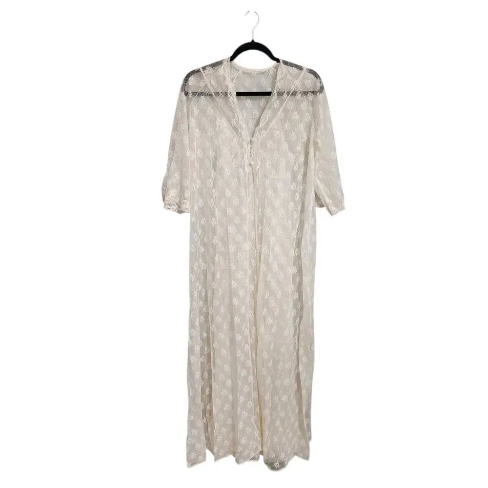 Vintage Lorraine Ivory Floral Mesh Lace Gown & Robe M Long Cottagecore Feminine